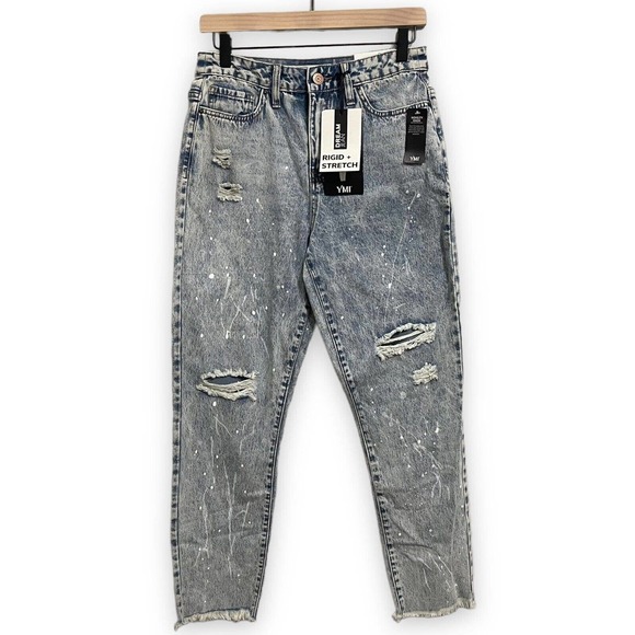 YMI High Rise Dream Jeans Distressed Ankle Length Raw Hem Splatter Paint Size 7 - Picture 1 of 10